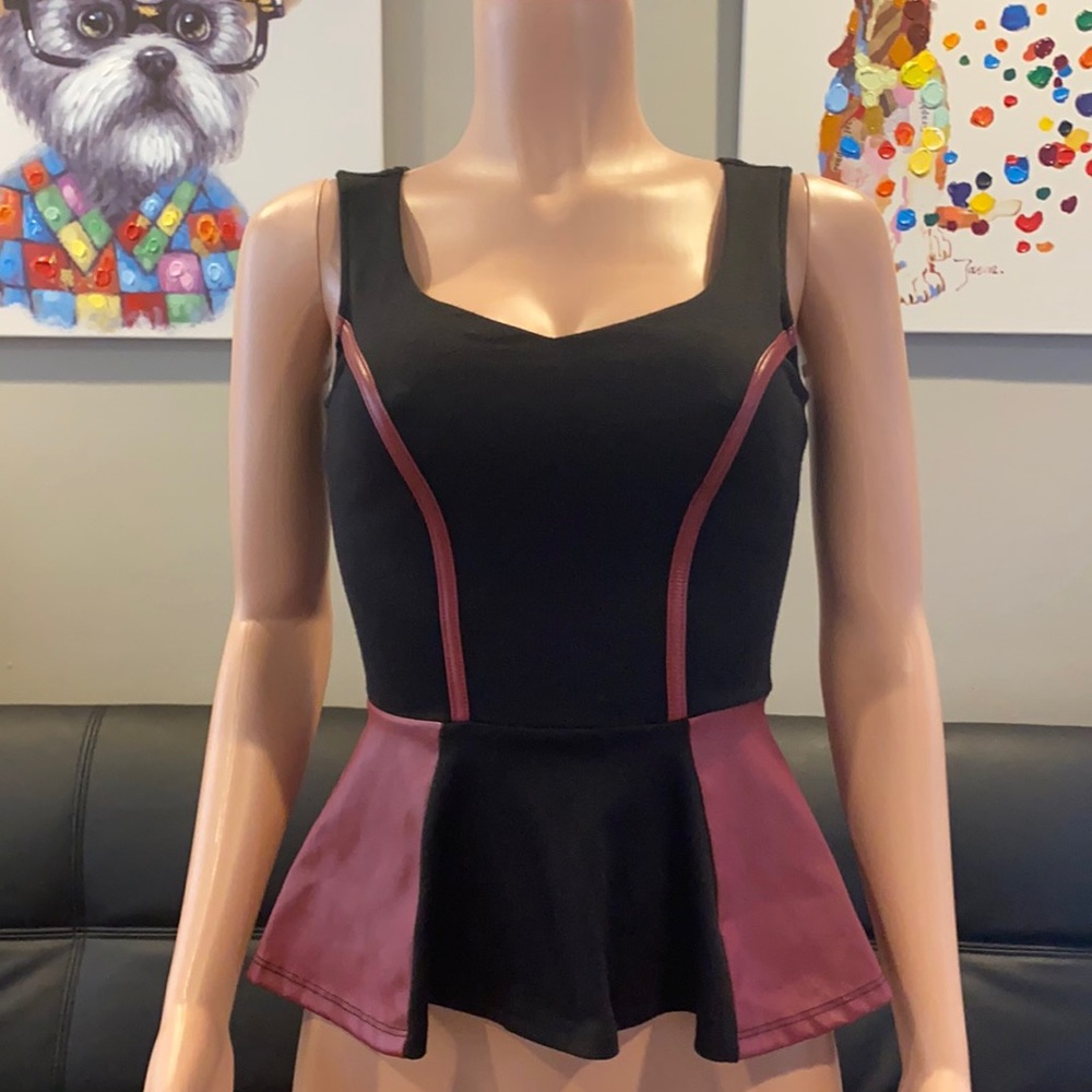 Vintage 2012 BEBE Vegan Leather Peplum Top Black Burgundy Colorblock Small
